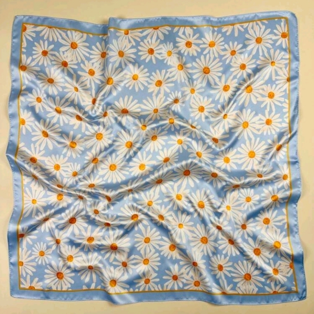 Daisy Floral Patterned Blue Yellow and White Satin Scarf